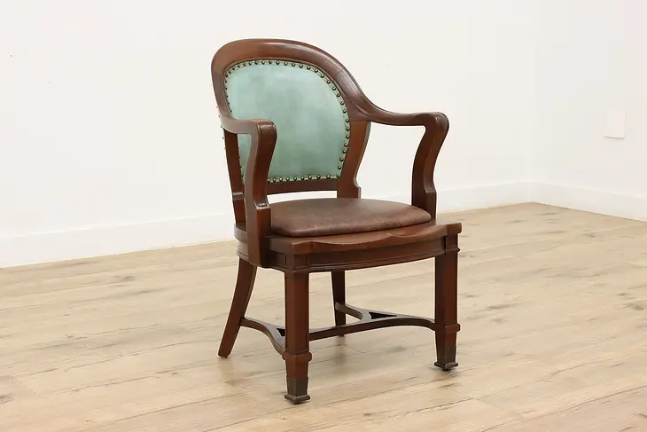 Leather & Mahogany Antique Banker, Office or Desk Chair #45031