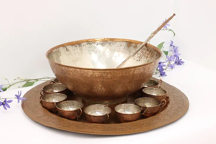 Copper Antique Arabic Engraved 16 pc Punchbowl Set & Tray  #45320
