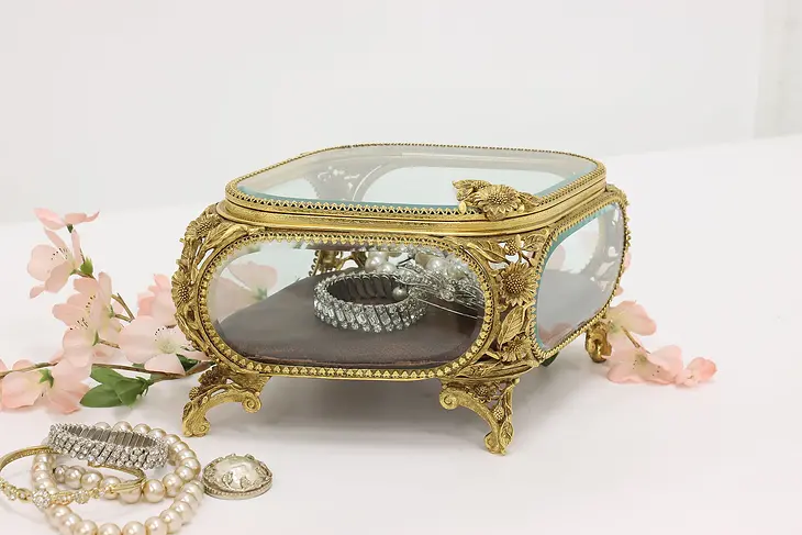 Baroque Vintage Gold Plated Bevel Glass Jewelry Box, Matson #44818