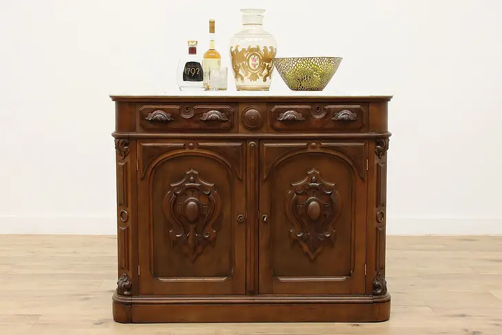 Victorian Marble & Walnut Antique Sideboard or Bar Cabinet #45635