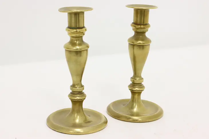 Pair English Victorian Farmhouse Antique Brass Candlesticks #43982