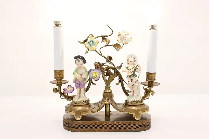 French Antique Brass Desk Lamp, Porcelain Figures, Boler  #45356