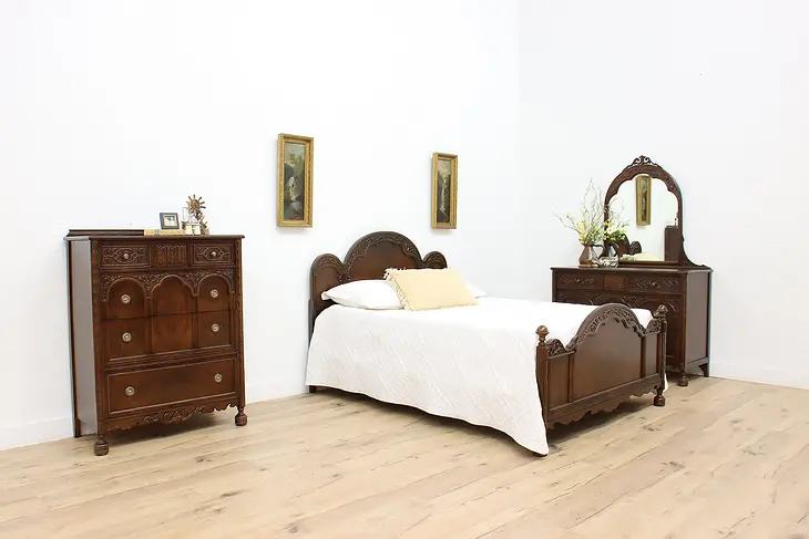 Tudor Antique Carved Oak 3 pc Bedroom Set, Full Size Bed #45820