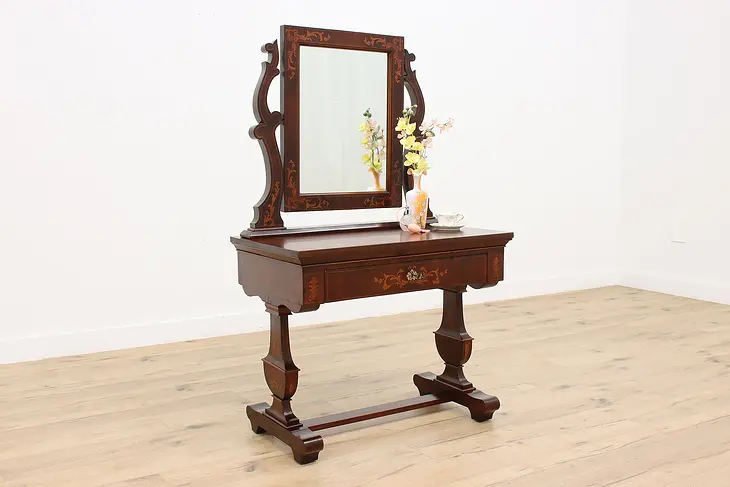Mahogany & Marquetry Antique Vanity Dressing Table & Mirror #36096