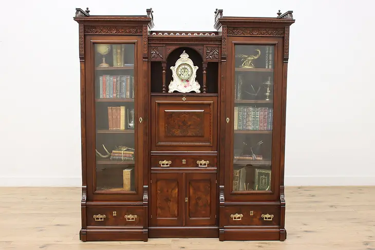 Victorian Eastlake Antique Walnut Secretary Desk & Bookcase #47585