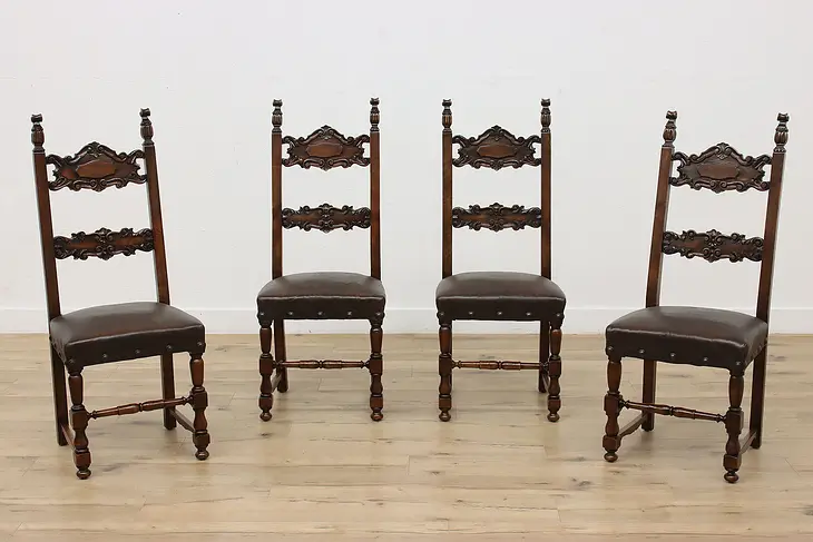 Set of 4 Renaissance Antique Carved Walnut Chairs, Leather #47562