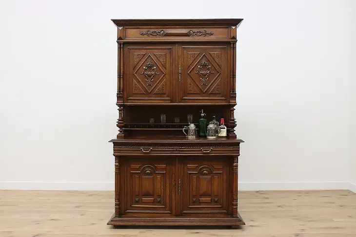 Renaissance Antique Oak Bar Cabinet Server Carved Griffins #47465