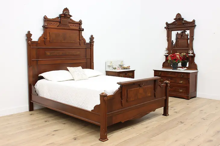 Victorian Antique Walnut 3 pc Bedroom Set Queen Bed Guernsey #47264