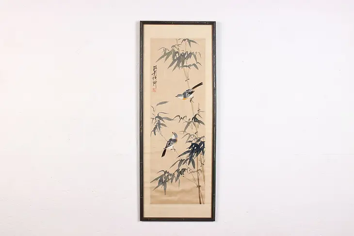 Birds & Bamboo Antique Original Chinese Silk Painting 28" #47757
