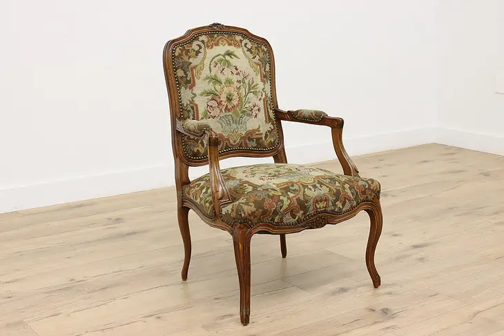 Country French Vintage Carved Chair, Floral Needlepoint  #48162
