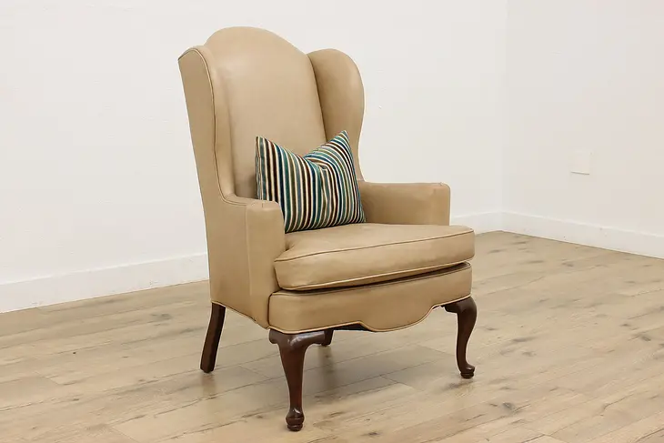 Georgian Design Vintage Leather Wingback Chair, Ethan Allen #48525