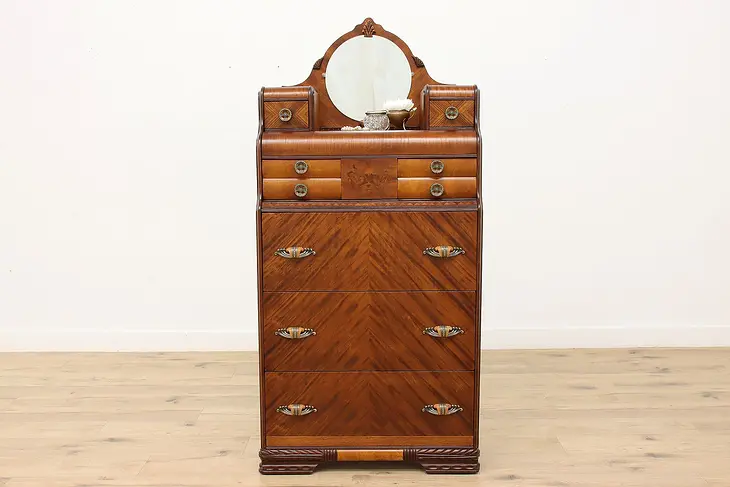 Art Deco Vintage Mahogany & Marquetry Highboy Dresser Mirror #48549