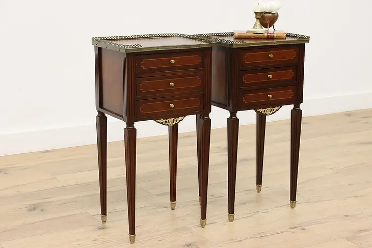 Pair French Vintage Marquetry Nightstands End Side Tables #48529
