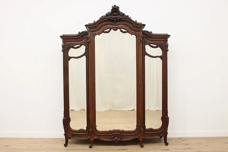 French Antique Carved Walnut Armoire or Wardrobe, Mirrors #48769