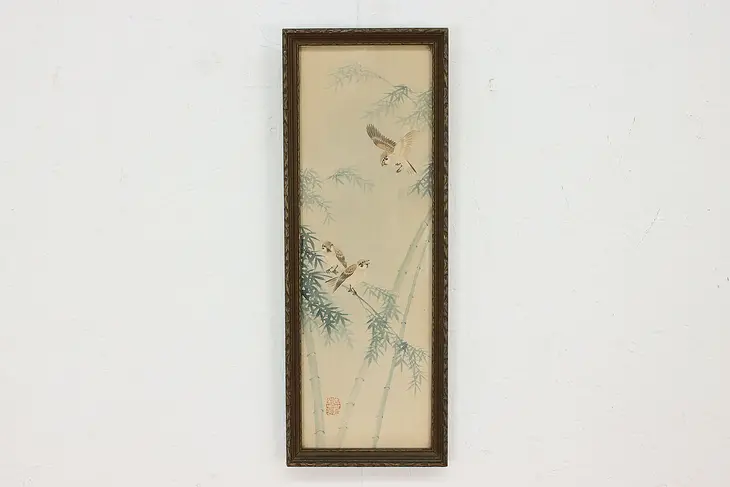 Birds in Bamboo Vintage Original Watercolor Painting 16" #49149
