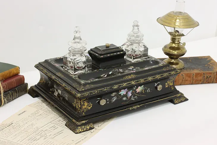 Victorian Antique Papier Mâché Abalone Writing Box, Inkwells #47671