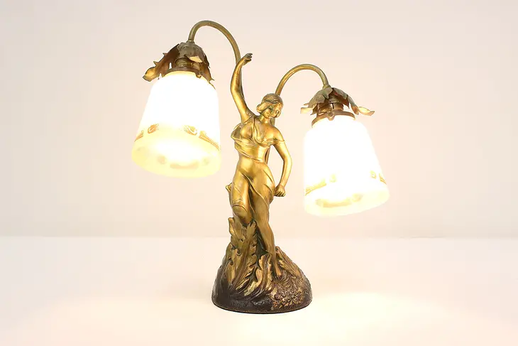 Art Nouveau Antique Graceful Woman Lamp, Painted Shades #48649