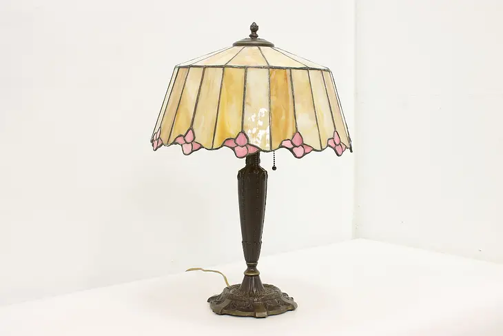 Victorian Antique Stained Glass Office Library Lamp, Flowers #48910