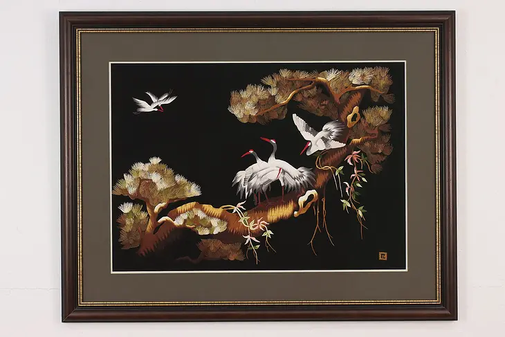 Red Crowned Cranes Vintage Framed Chinese Silk Embroidery #49381