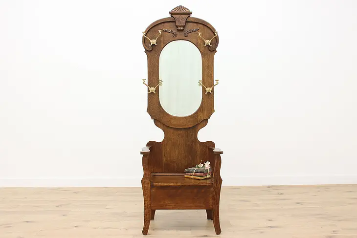 Victorian Antique Carved Oak Hall Stand, Seat Storage Mirror #49474