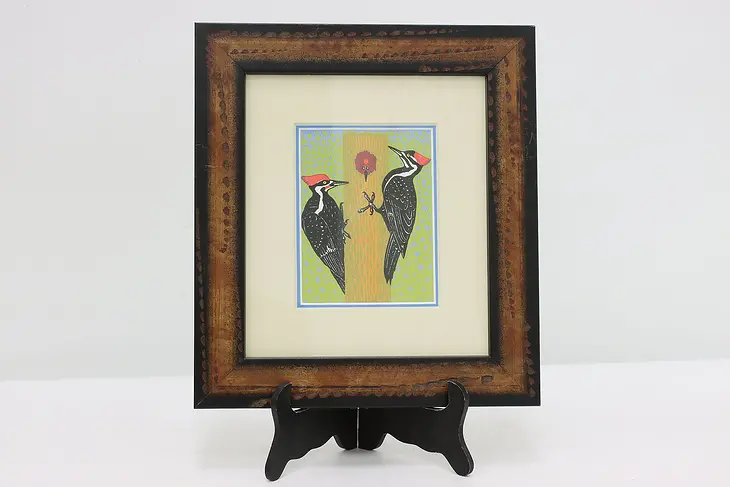 Three Woodpeckers in Tree Vintage Original Print 10.5" #49199