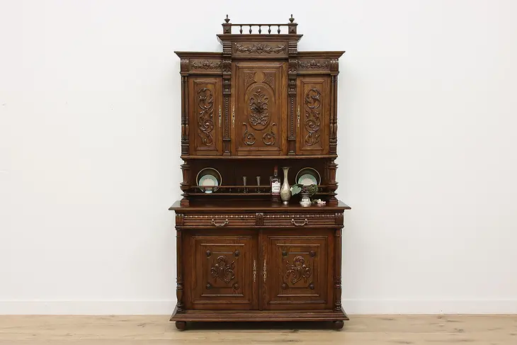 Renaissance Antique Carved Oak Sideboard Server, Bar Cabinet #48419