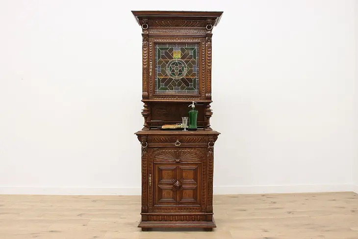 Renaissance Antique Carved Oak Bar Cabinet, Stained Glass #49896