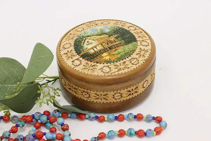 Walnut Vintage Jewelry Box w/ Leather & Painted Watermill #50066