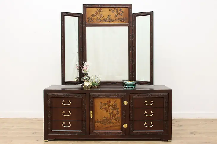 Asian Vintage Carved Birch Dresser w/ Mirror, Bernhardt #49851