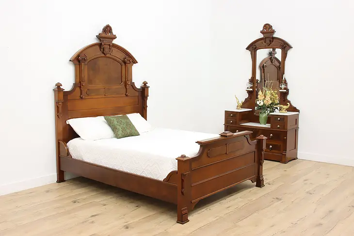 Victorian Antique 2 Pc Carved Walnut Bedroom Set, Queen Size #48646