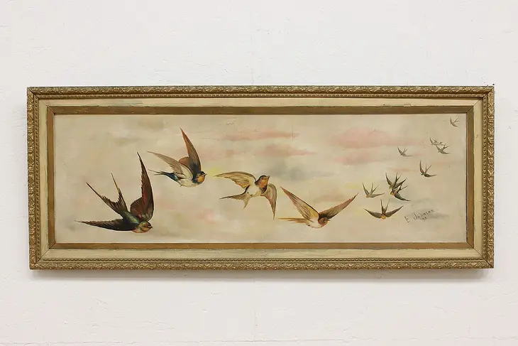 Swallow Birds Antique Original Oil Painting Johnson 40.5" #50073
