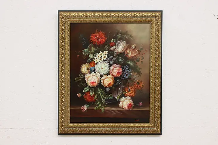 Floral Still Life Vintage Original Oil Painting, Jacob 24.5" #49822