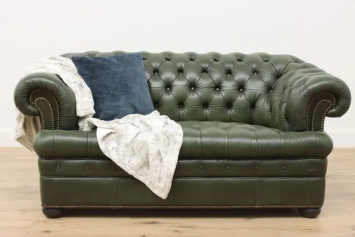 Chesterfield Vintage Tufted Green Leather Loveseat or Sofa #49923