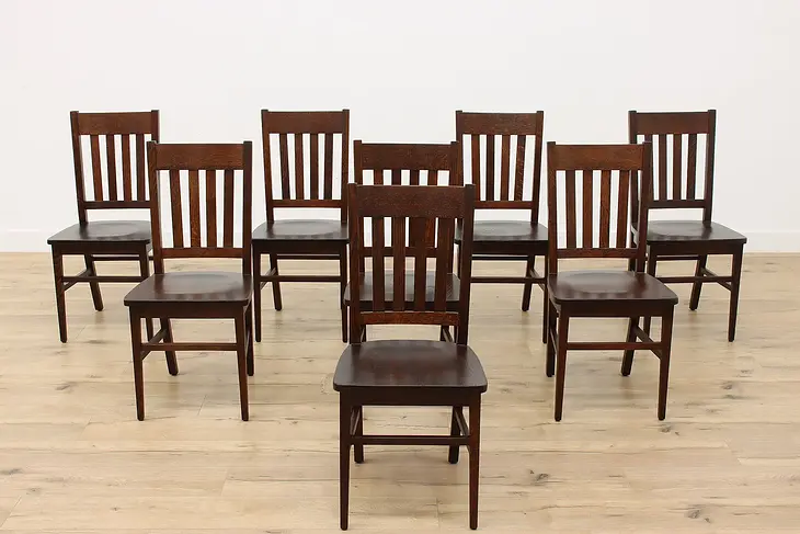 Set of 8 Antique Craftsman Oak Dining or Game Chairs #49998