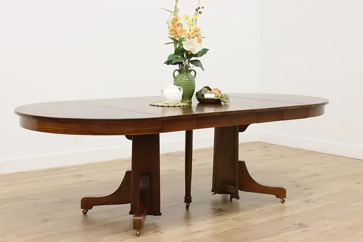 Craftsman Antique Round 45" Oak Dining Table, 5 Leaves Lentz #50102