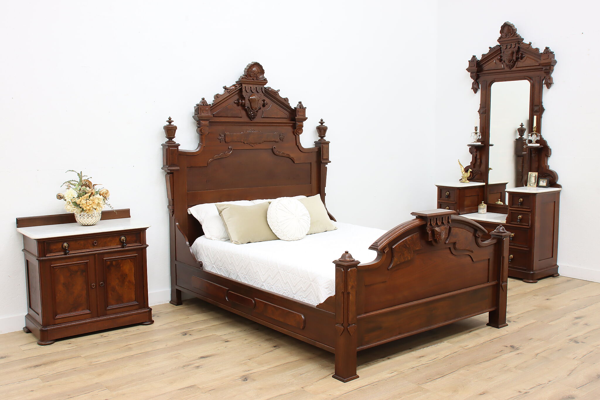 Victorian Antique Walnut 3 Pc Queen Bedroom Set Marble Tops