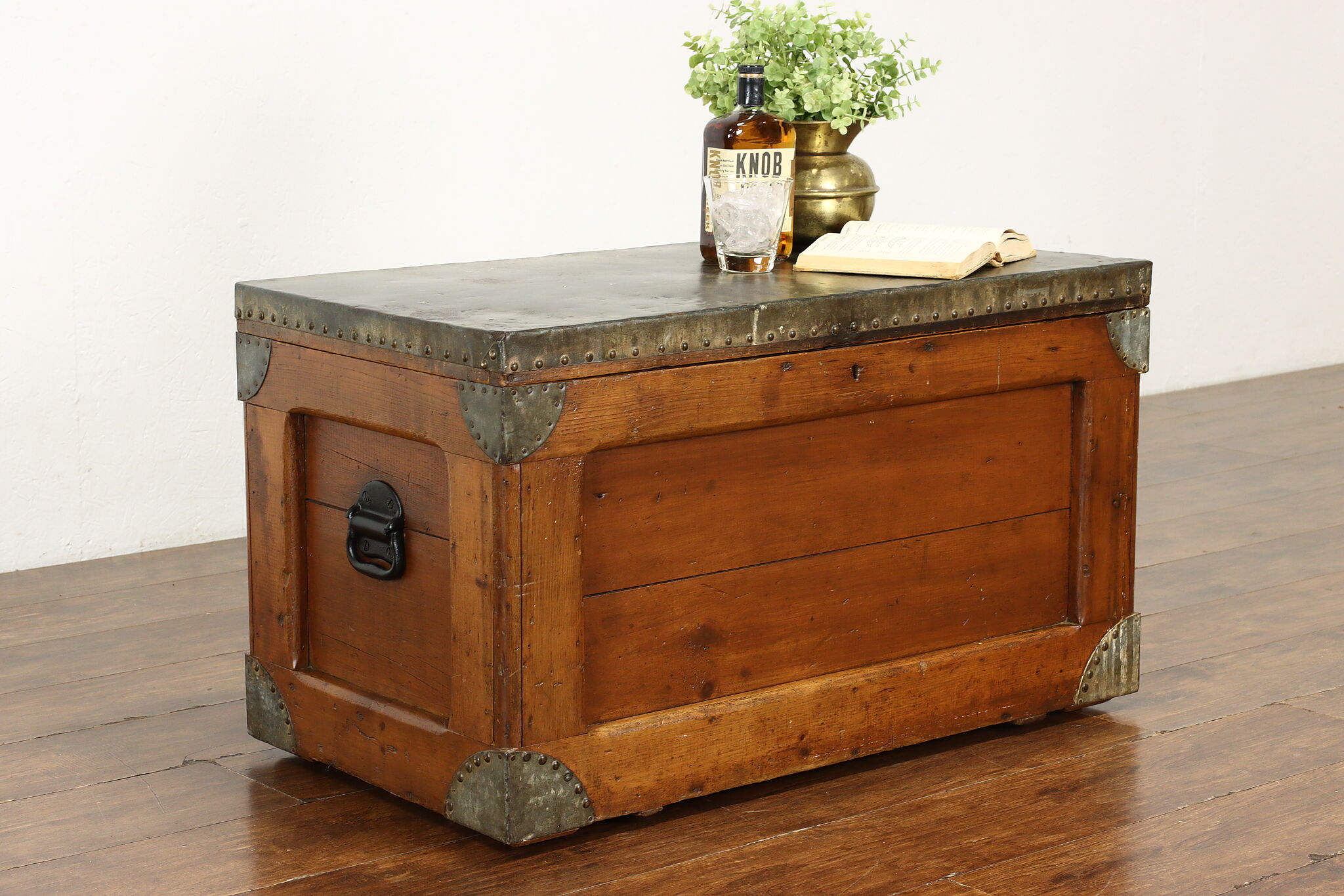 Farmhouse Antique Country Pine Trunk Blanket Chest, Coffee Table, Tin Top