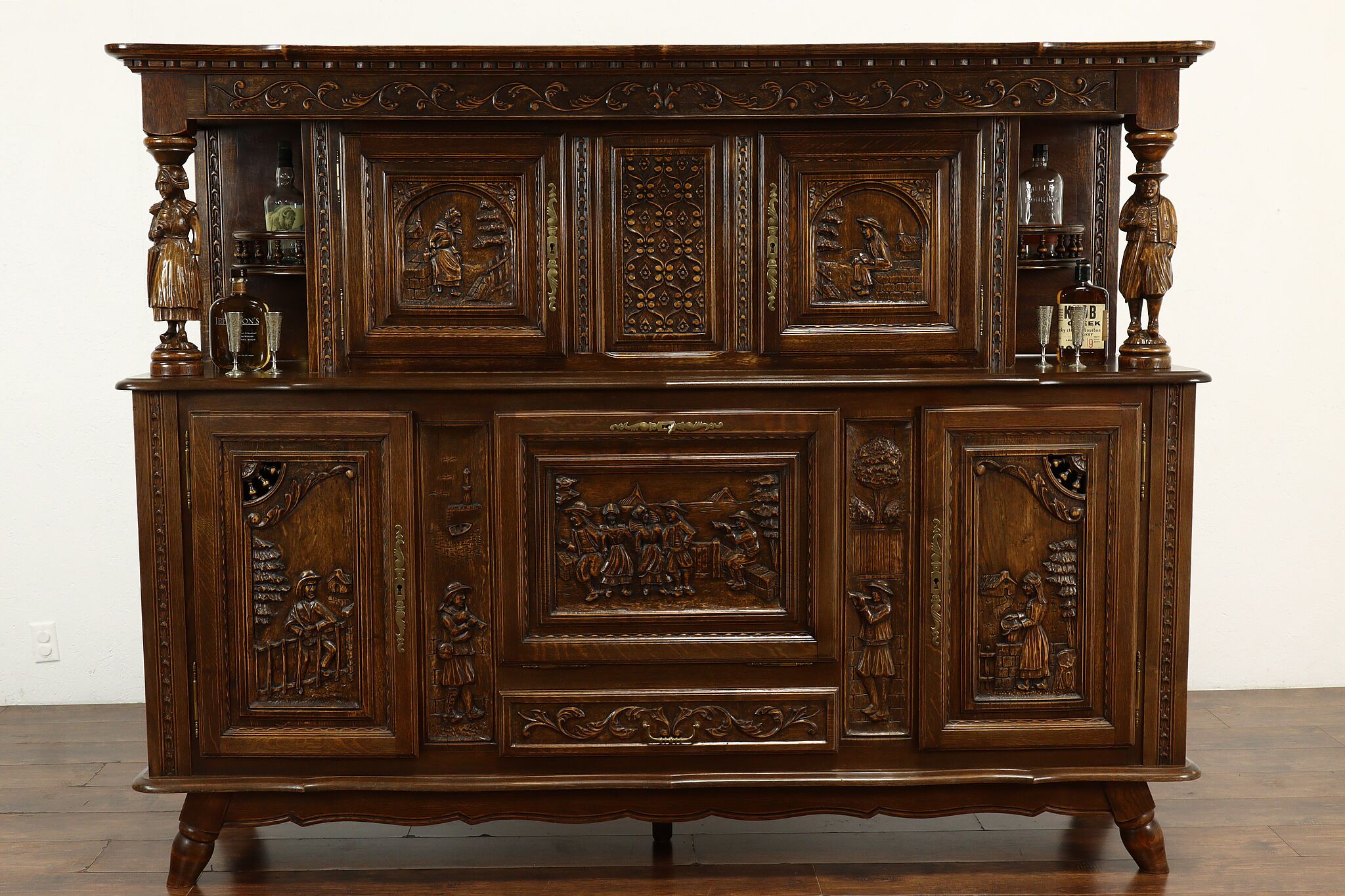 French Brittany Carved Oak Antique Sideboard, Server or Bar Cabinet
