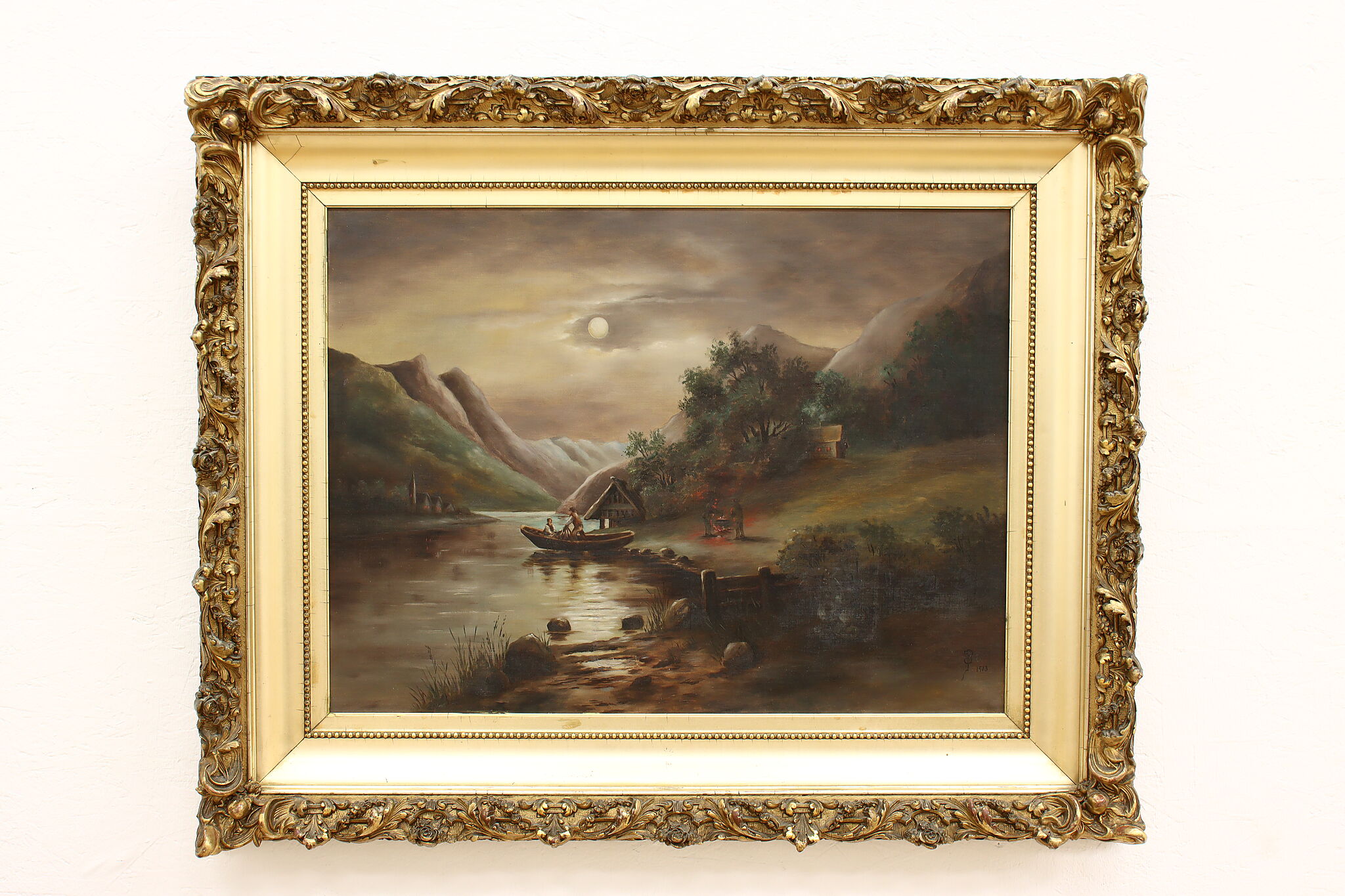 Village & River at Dusk Antique Original Oil Painting, Signed 44 #42046