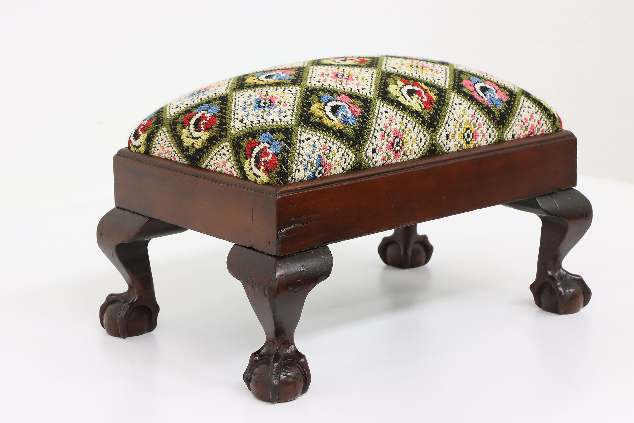 Georgian Design Antique Mahogany Footstool, Carved Ball & Claw Feet