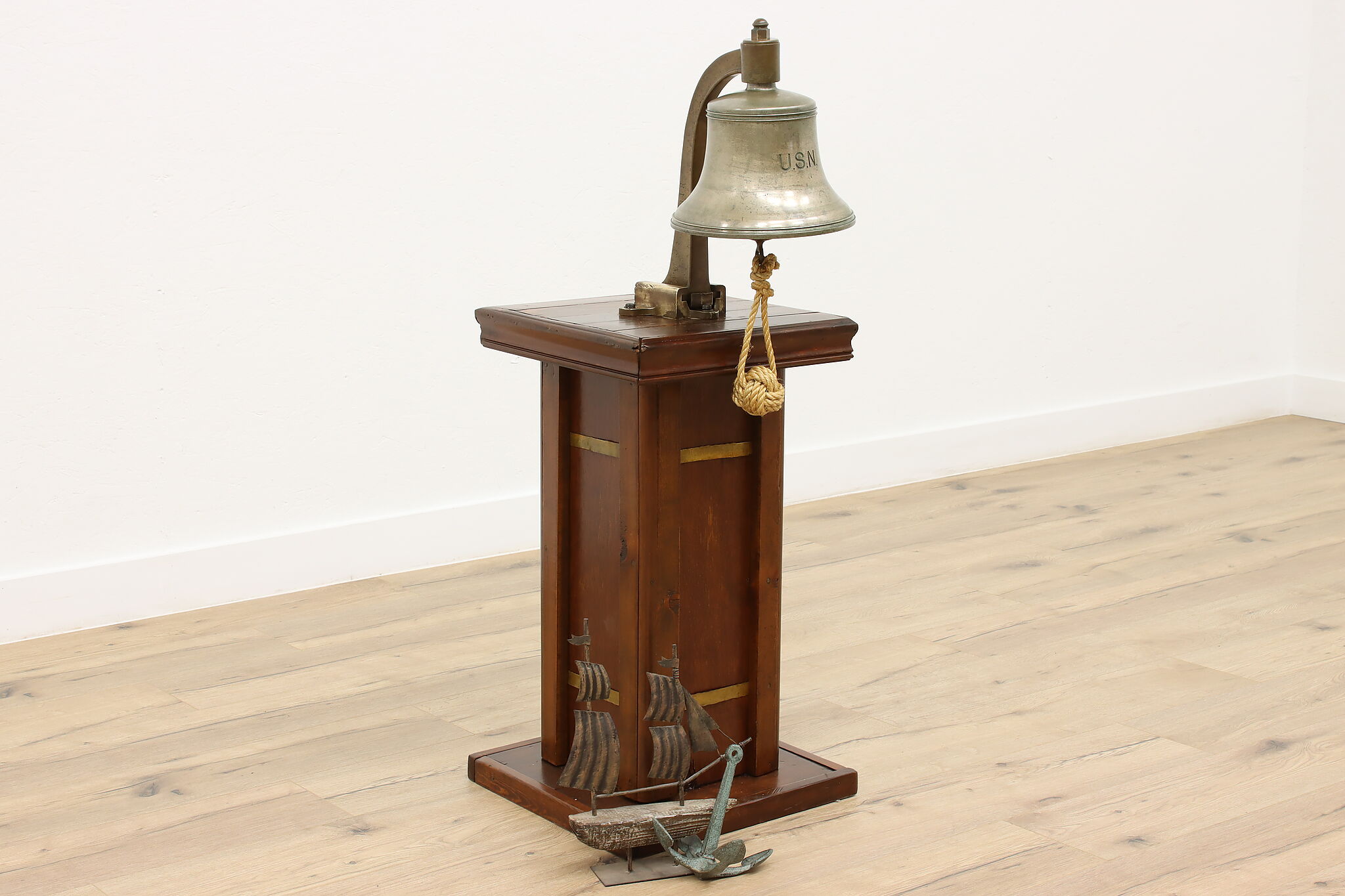 Vintage Nautical US Navy 9 3/4 Bronze Bell, Pine and Brass Pedestal #44158