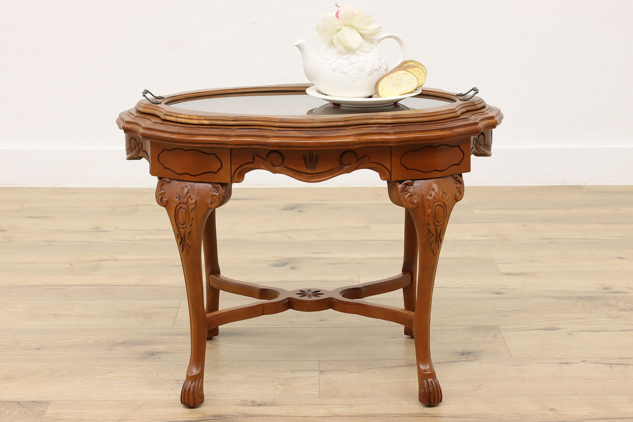 French Vintage Walnut & Marquetry Coffee Table, Serving Tray