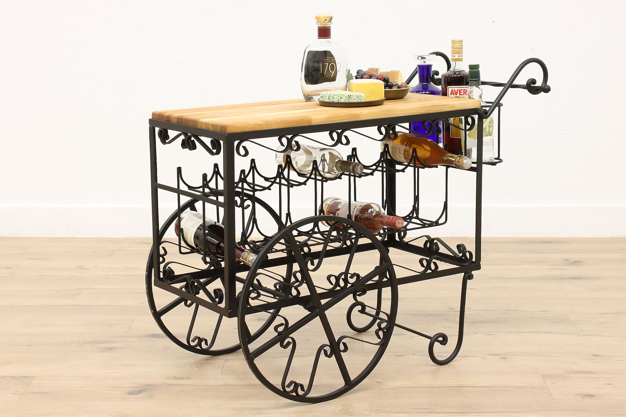 Farmhouse Vintage Wrought Iron Rolling Wine Cheese Bar Cart