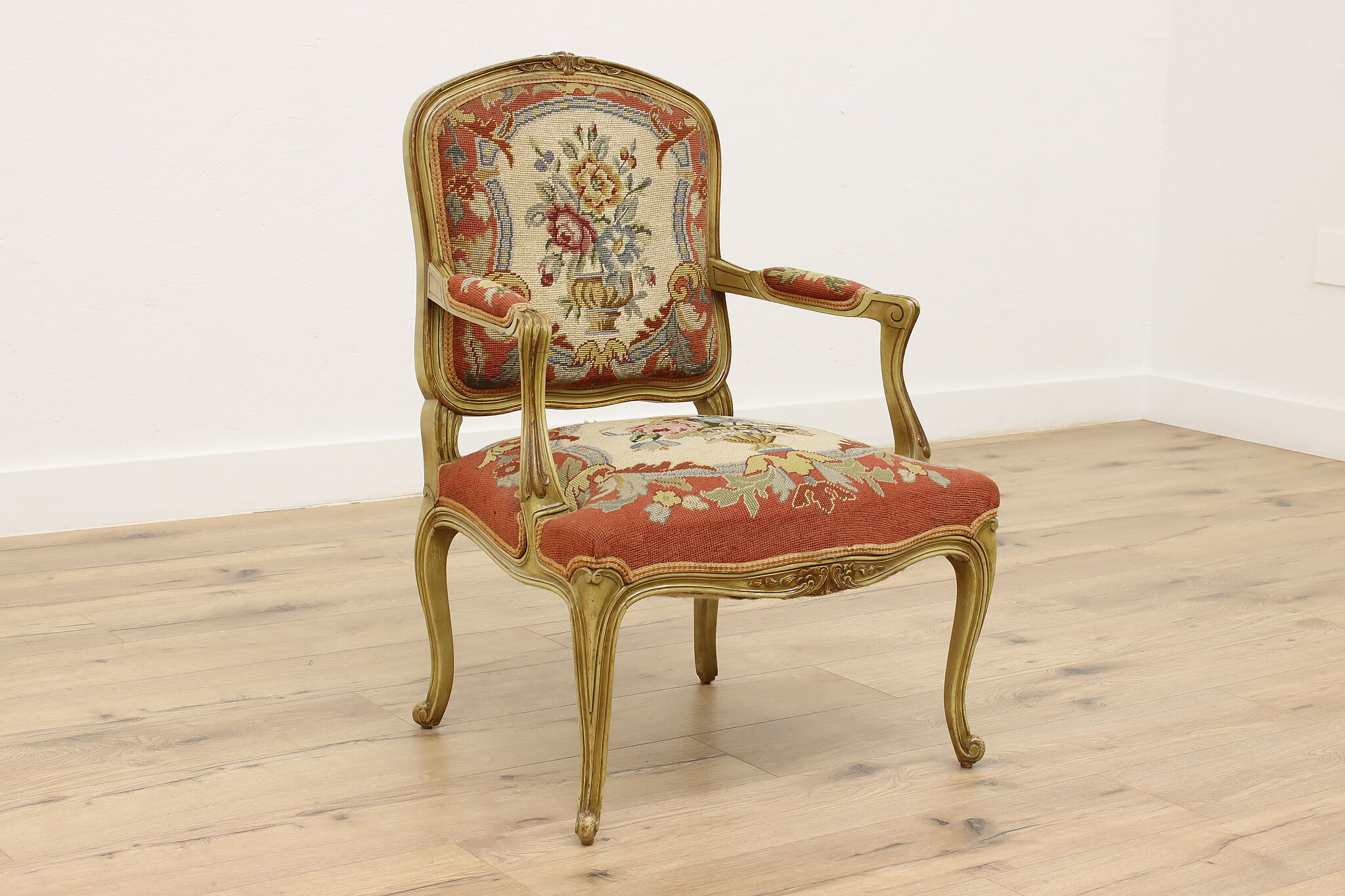 Country French Antique Chair, Handstitched Needlepoint