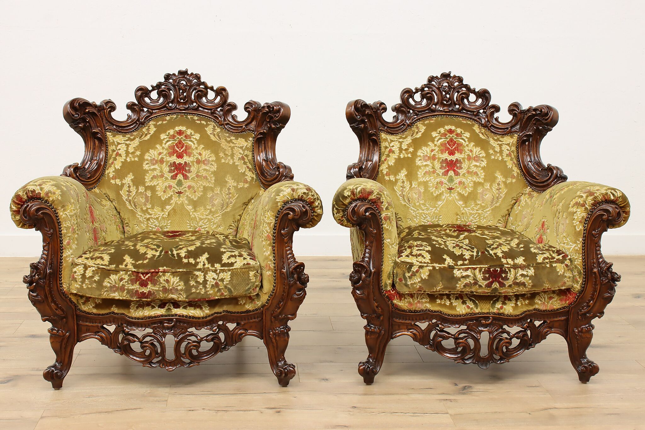 Pair of Italian Rococo Design Vintage Velvet Carved Chairs