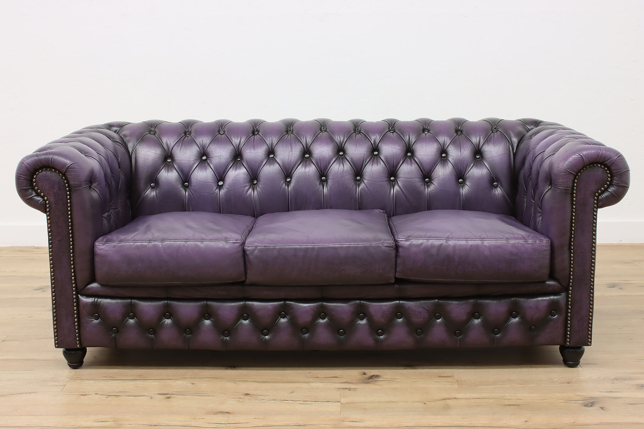 Chesterfield Tufted Purple Leather Vintage 3 Cushion Sofa