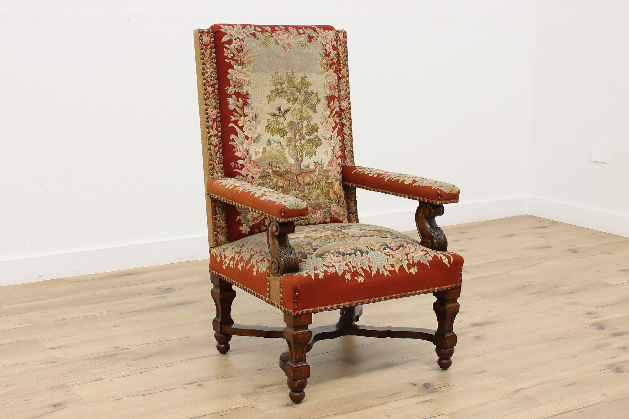 Renaissance Antique Carved Oak Needlepoint Tapestry Chair