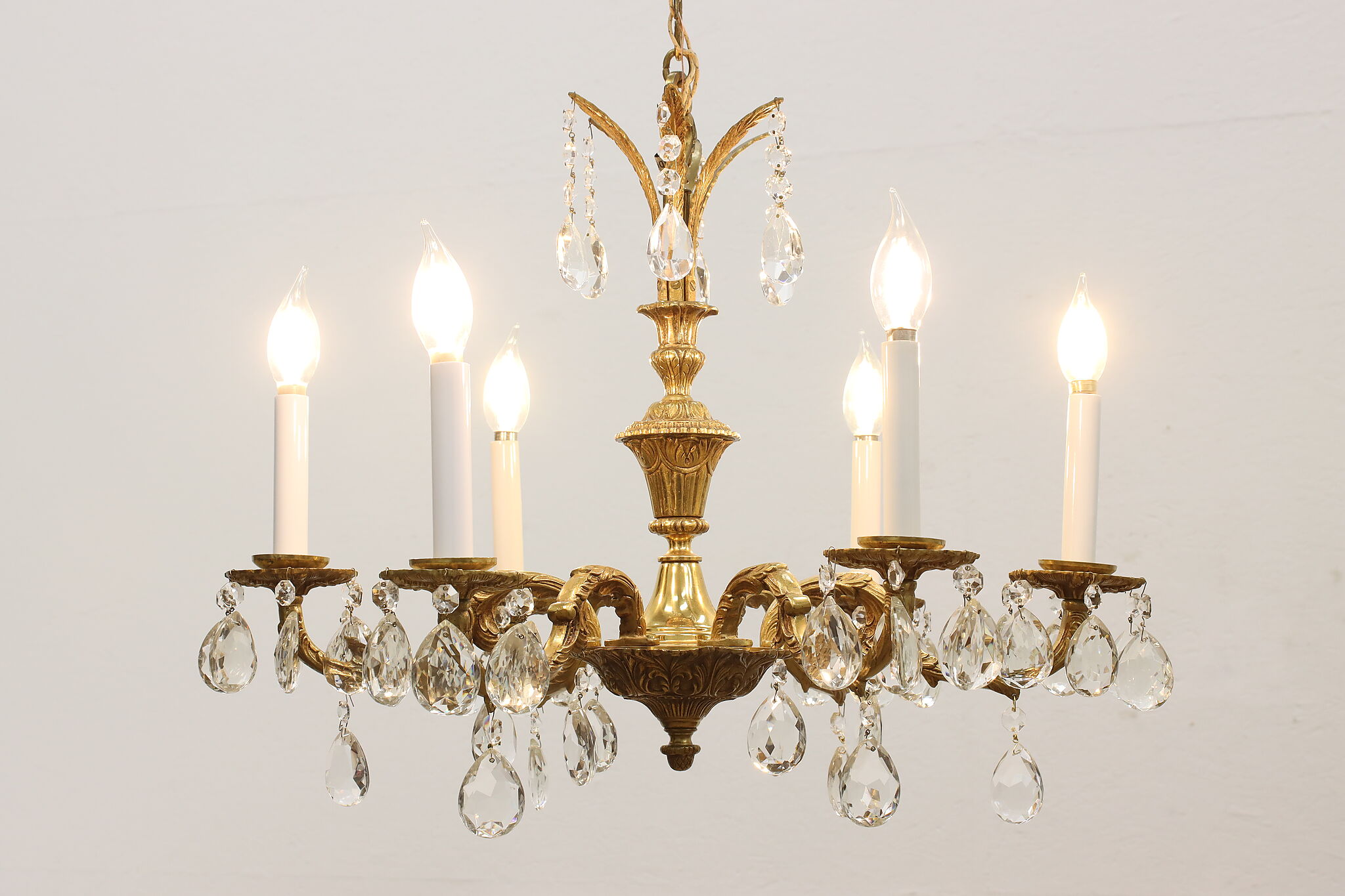 Spanish Vintage 6 Candle Brass Chandelier, Crystal Prisms