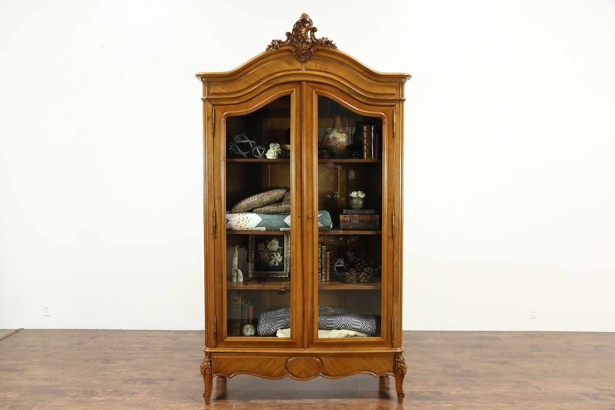 French Antique Carved Fruitwood Armoire Bookcase or China Cabinet Glass Doors