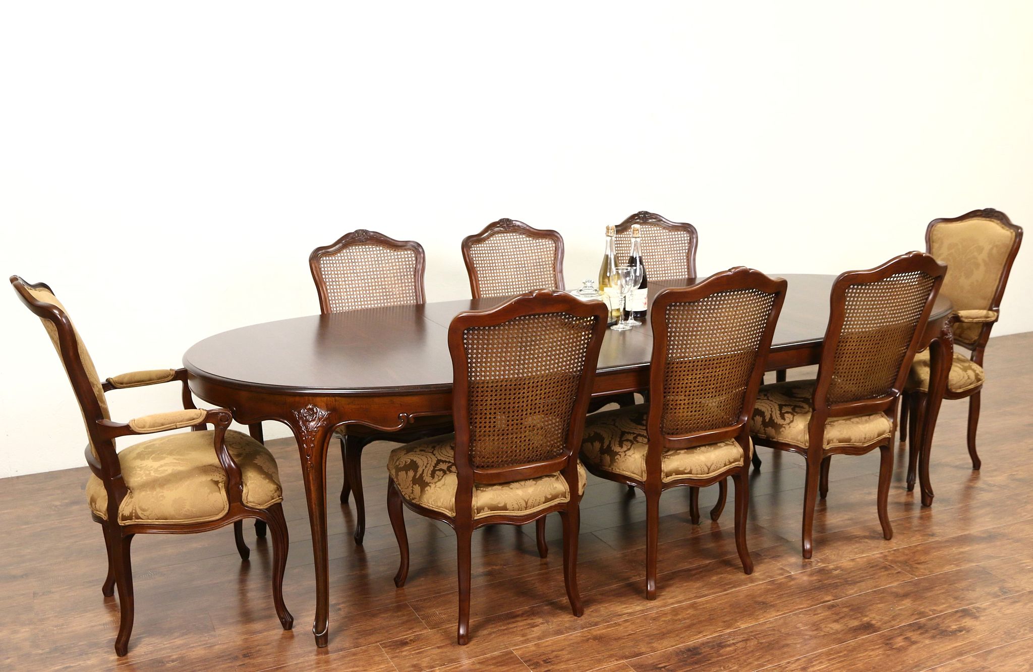 Sold Baker Cherry Country French Dining Set Table 2 Leaves 8 Chairs New Upholstery Harp Gallery Antiques Furniture